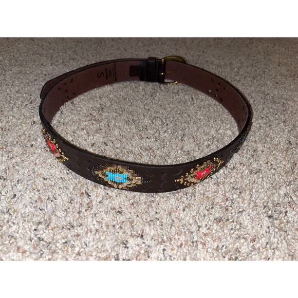 LUCKY BRAND Red Blue Geo Western Beaded Leather Belt Small Southwestern - Picture 3 of 8